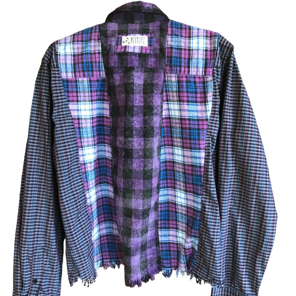 Mixed Print Button-Down Shirt, Upcycled Artsy Color Block Purple Black Top S - M
